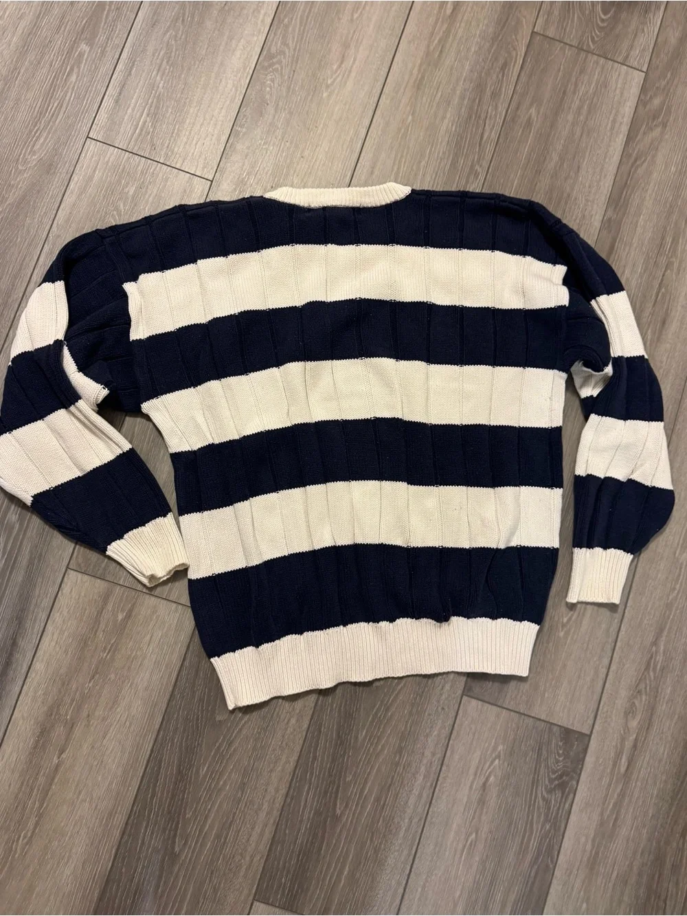 John Ashford Navy and Cream Wide-Stripe Crewneck Sweater